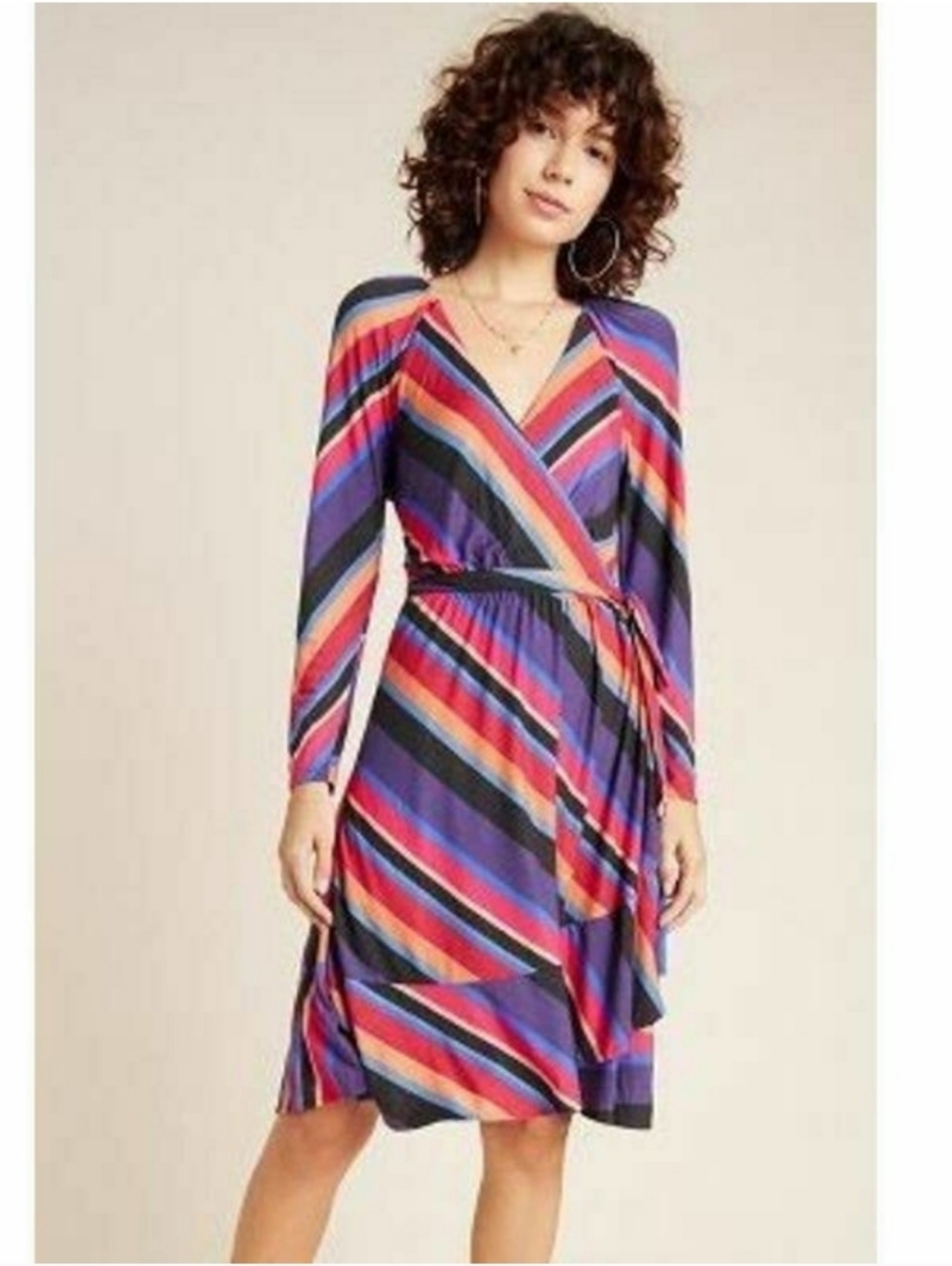 Anthropologie x Maeve Angelique Vibrant Multicolor Stripe Wrap Long-Sleeve Dress